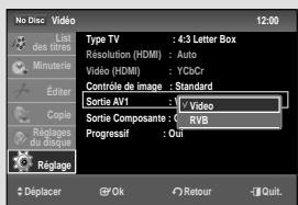 No Disc Video List des titres Minutérée Étter Copie Réglage du disque Réglage Type TV : 43 Letter Box Résolution (HDMI) : Auto Video (HDMI) : YCbCr Contrôle de image : Standard Sortie AV1 : √Video Sortie Composante : RVB Progressif : Out Déplacer OK Retour - Quit