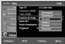 No Doc Video 12:00 Last des intérêts Type TV : 4:3 Letter Box Résolution (HDMI) : Dynamique1 Minuterie : Dynamique2 Video (HDMI) : Dynamique1 Contrôle de image : Standard Sortie AV1 : Cinémat1 Sortie Composante : Cinémat2 Régisage : Personnel Réplige : Personnel Réglage : Personnel Déplacer OK Retour - Quit