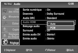 No Disc Audio 12:00 List des titres Sortie numérique : On Downmix : Dolby Surround Audio DRC : Standard Établir Audio HDMI / Auto Copie Balayage audio : PCM Surround : On Rélogues du disque Entrée audio DV : Stéréo1 Entrée audio : Stéréo Réglage Déplacer Ok Retour Quit.