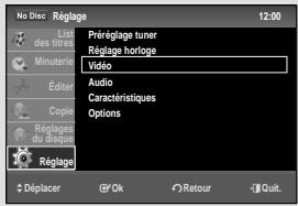 No Disc: Réglage Last des Dites Préréglage tuner Réglage horloge Minutes Video Audio Capacéristiques Options Côpie Réglages du visque Réglage Déplacer OK Retour Quit