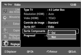 No Disc - Video Edit des titres Manuterie Étter Copie Rélogines du disque Réglage Type TV : 4:3 Letter Box Résolution (HDMI) : Auto Video (HDMI) : YCbCr Contrôle de image : Standard Sortie AV1 : Video Sortie Composante : Oui Progressif : Non Déplacer OK Retour Quit.