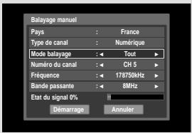 Babayage manuel Pays : France Type de canal : Numérique Mode balayage : Tout > Numéro du canal : CH 5 Fréquence : 178750kHz Bande passante : 8MHz Etat du signal 0% Démarrage Annuler