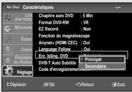 No Disc Caractéristiques Last des titres Chapitre auto DVD : 5 Min Format DVD-RW : VR EZ Record : Non Fonction du magnétoscope Anynete (HDMI CEC) : Oui Language Follow : Oui Eur. billing. DVD / Principal DVB-T Auto Subtile / Secondaire Code d'enregistrement Réglage du disqui Réglage Displacer @ Ok Retour - Quit