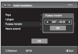 No Disc: Initial Installation Pays Langue Fuseau horaire Heure avancé Fuseau horaire GMT + 00:00 OK OK Déplacer OK Quit.