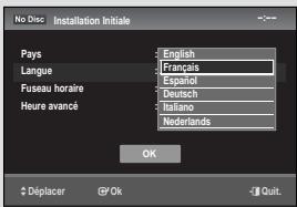 No Disc Installation Initiale Pays English Language Français Fuseau horaire Espanol Heure avancé Deutsch Netherlands OK Déplacer © Ok < Quit>