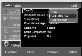 No Disc: Video List des 400 Minimette Étter Copie Réglage du Gloue Réglage Type TV 16:9 Résolution (HDMI) : 4.3 Letter Box Video (HDMI) : 4.3 Pan Scan Contrôle de image : Standard Sortie AV1 : Video Sortie Composante : Oui Progressif : Oui Déplacer @ Ok Retour - Quit