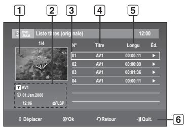SAMSUNG DVD-VR375A - Éléments de l'écran de la liste de titres - 1