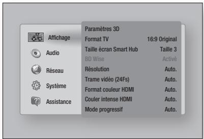 Paramètres 3D Format TV 16-9 Original Taille écran Smart Hub Taille 3 BD Wise Activé Résolution Auto. Trame vidéo (24Fs) Auto. Format couleur HDMI Auto. Couler intense HDMI Auto. Mode progressif Auto.