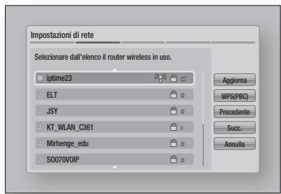 Impostazioni di rete Selezionare dall'elenco il router wireless in uso. iptime23 ELT JSY KT_WLAN_C361 Mirhenge_edu S0070V0IP Aggioma WPS(PBC) Precedente Succ.. Annulla