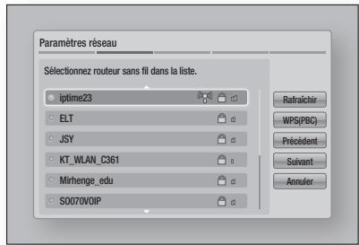 Paramètres réseau Sélectionnez routeur sans fil dans la liste. iptime23 ELT JSY KT_WLAN_C361 Mirhenge_edu S0070V0IP Rafraîchir WPS(PBC) Précédent Suivant Annuler