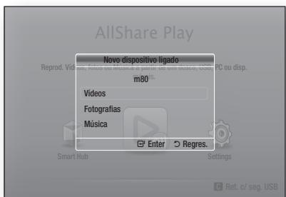 AllShare Play Novo dispositivo ligado m80 Videos Fotografias Musica Enter Regres. Smart Hub Settings C Ret. c/ seg. USB