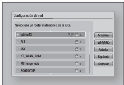 Configuración de red Selecione un router inalámbrico de la lista. iptime23 ELT JSY KT_WLAN_C361 Mirhenge_edu S0070VOP Actualizar WPS(PBC) Anterior Siguiente Cancelar