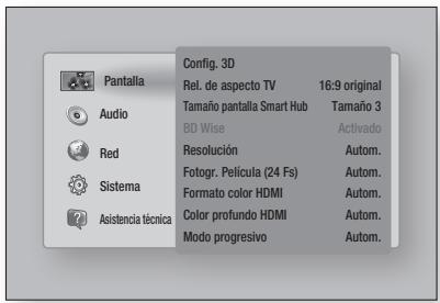 Config. 3D Rel. de aspecto TV 16:9 original Tamaño pantalla Smart Hub Tamaño 3 BD Wise Activado Resolución Autom. Fotogr. Película (24 Fs) Autom. Formato color HDMI Autom. Color profundo HDMI Autom. Asistencia técnica Modo progresivo Autom.