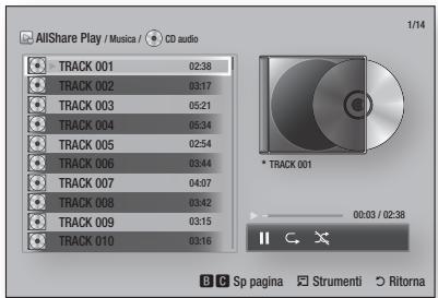 AllShare Play / Musica / CD audio 1/14 TRACK 001 02:38 TRACK 002 03:17 TRACK 003 05:21 TRACK 004 05:34 TRACK 005 02:54 TRACK 006 03:44 TRACK 007 04:07 TRACK 008 03:42 TRACK 009 03:15 TRACK 010 03:16 * TRACK 001 00:03 / 02:38 B Sp pagina Strumenti Ritorna