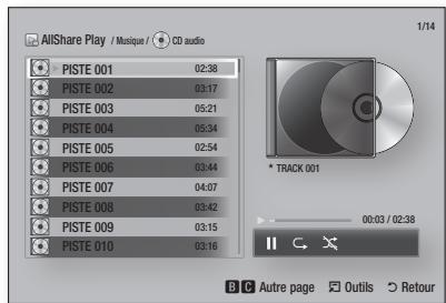 AllShare Play / Music / CD audio PISTE 001 02:38 PISTE 002 03:17 PISTE 003 05:21 PISTE 004 05:34 PISTE 005 02:54 PISTE 006 03:44 PISTE 007 04:07 PISTE 008 03:42 PISTE 009 03:15 PISTE 010 03:16 * TRACK 001 00:03 / 02:38 B C Autre page Outils Retour