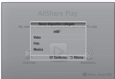 AllShare Play Nuovo dispositivo collegato m80 Video Foto Musica Conferma Ritorna