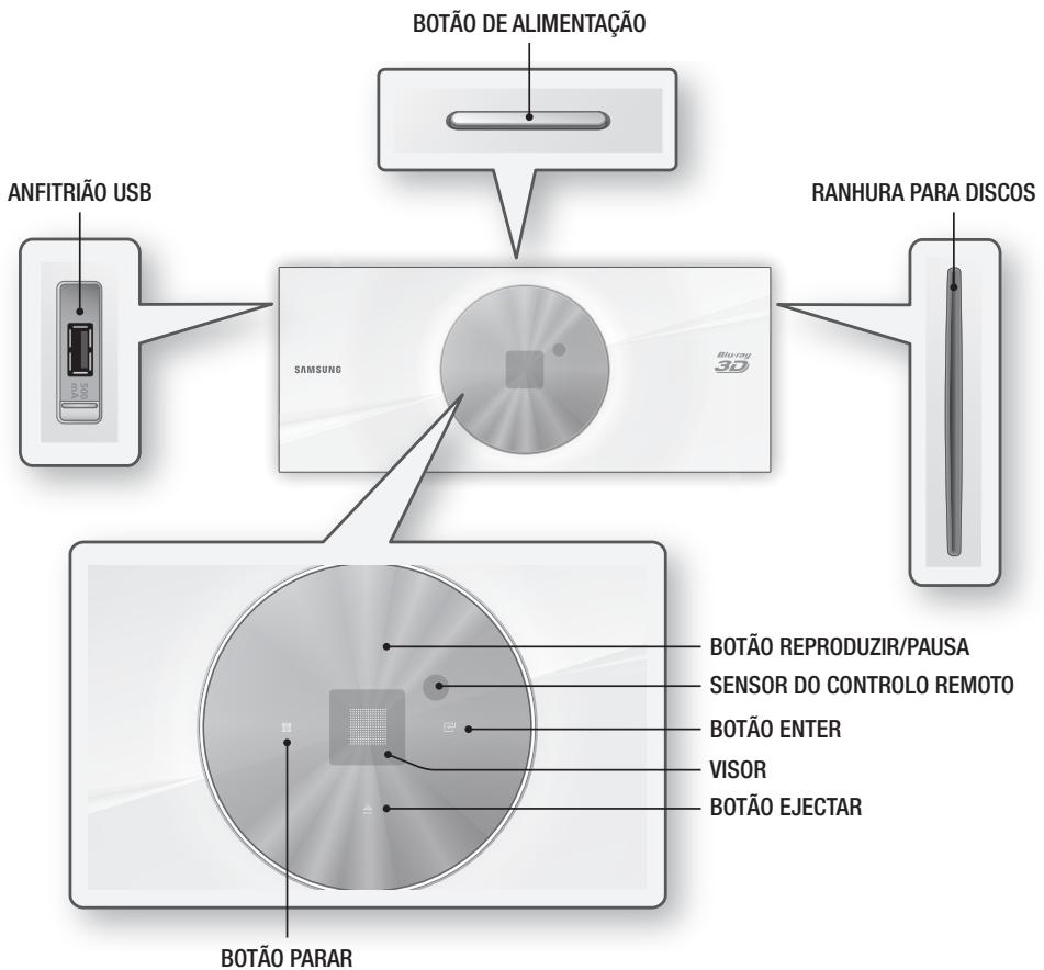 BOTÃO DE ALIMENTAÇÃO ANFITRIÃO USB RANHURA PARA DISCOS SAMSUNG BOTÃO REPRODUZIR/PAUSA SENSOR DO CONTROLO REMOTO BOTÃO ENTER VISOR BOTÃO EJECTAR BOTÃO PARAR