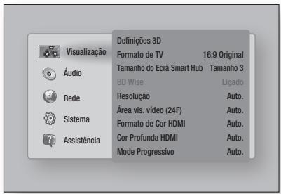 Visualização Áudio Rede Sistema Assistência Definições 3D Formato de TV 16-9 Original Tamanho do Ecrã Smart Hub Tamanho 3 BD Wise Ligado Resolução Auto. Área vis. vídeo (24F) Auto. Formato de Cor HDMI Auto. Cor Profunda HDMI Auto. Mode Progressivo Auto.