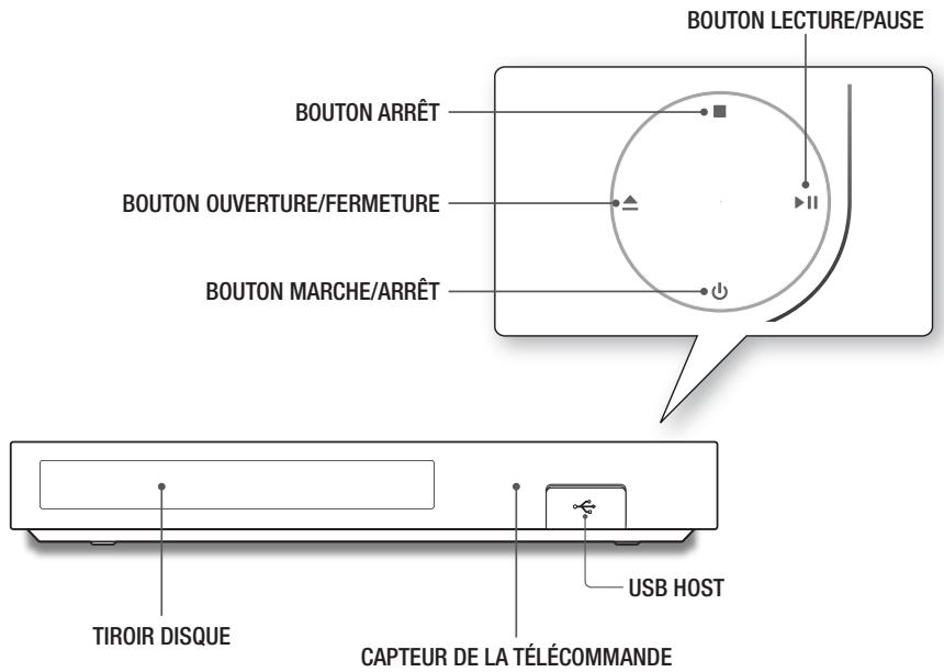 BOUTON LECTURE/PAUSE BOUTON ARRÊT BOUTON OUVERTURE/FERMETURE BOUTON MARCHE/ARRÊT TIROIR DISQUE USB HOST CAPTEUR DE LA TÉLÉCOMMANDE