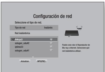 Configuración de red Seleccione el tipo de red. Tipo de red Inalámbr. Red inalámbrica Linksys3 solugem_edu#2 lgtimc23 solugem_edu#1 Actualizar MPS/PBC Puede conectar the Reproductor de Bio-ray a Internet. Seleccione qué red inalámbrica utilizar.