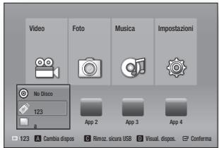 Video Foto Musica Impostazioni No Disco 123 a App 2 App 3 App 4 123 Cambia dispos Rimoz. sicura USD Visual. dispos. Conferma
