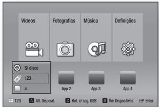 Videos Fotografias Música Definições S/ disco 123 a App 2 App 3 App 4 Alt. Disposit. Ret. cf seg. USB Var Dispositives Enter