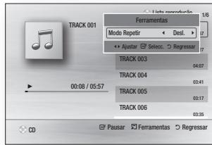 TRACK 001 Mode Repetir Desl. Ajustar Select. Regressar TRACK 003 04:07 TRACK 004 03:41 TRACK 005 03:17 TRACK 006 03:35 CD Pausar Ferramentas Regressar