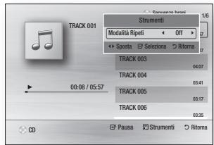 Track 001 Modalità Ripeti Off → Sponta Seleziona Ritorna 1/6 STRUMENTI TRACK 003 04:07 TRACK 004 03:41 TRACK 005 03:17 TRACK 006 03:35 CD Paula Strumenti Ritorna