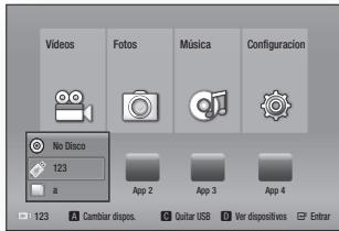 Videos Fotos Música Configuracion No Disco 123 a App 2 App 3 App 4 123 A Cambiar dispos. Quitar USB Ver dispositivos Enar