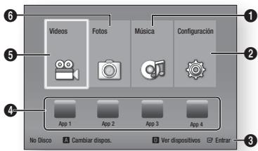 Videos Fotos Música Configuración App 1 App 2 App 3 App 4 No Disco Cambiar dispos. Ver dispositivos Entrar