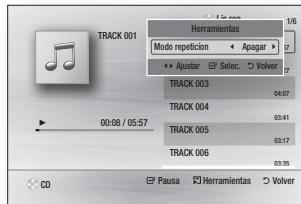 TRACK 001 00:08 / 05:57 Track 003 Track 004 Track 005 Track 006 Pausa Herramientas Volver Modo repetition Apagar Ajustar Select. Volver 03.41 03.27 03.36