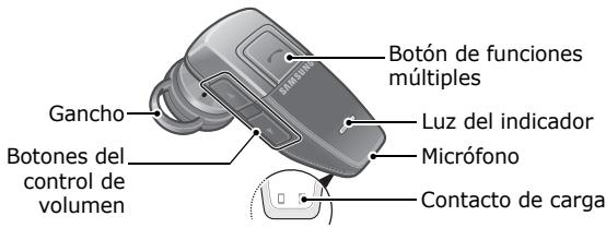 Botón de funciones múltiples Gancho Botones del control de volumen Luz del indicador Micrófono Contacto de carga