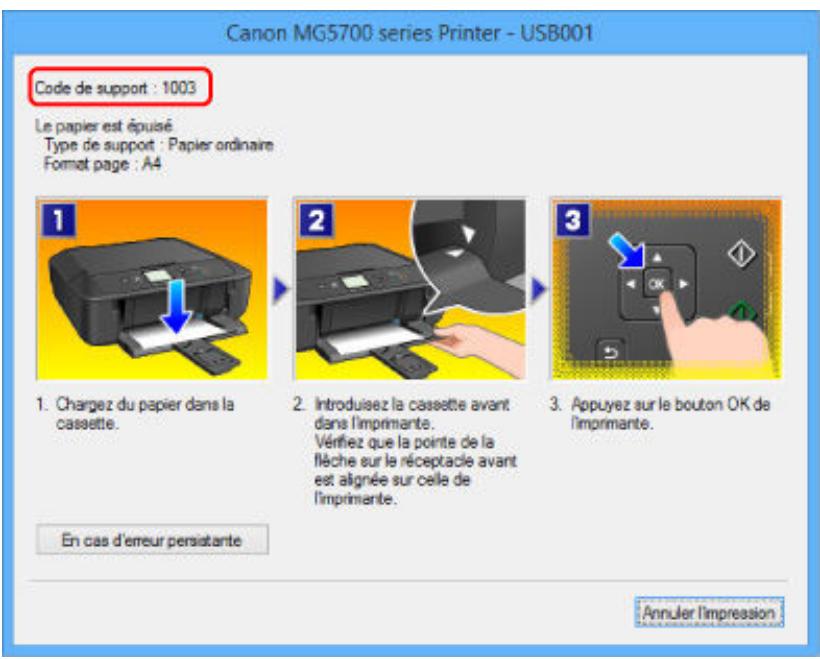 CANON MG 5750 - Lorsqu'un code support et un message s'affichent à l'écran : - 1