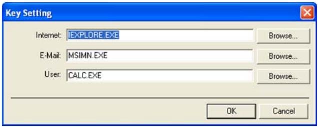 Key Setting Internet: EXPLORE.EXE Browse... E-Mail: MSIMN.EXE Browse... User: CALC.EXE Browse... OK Cancel