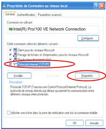 Propriétés de Connexion au réseau local General Authentication Parameters avancés Connexion en utilisant Intel(R) Pro/100 VE Network Connection Configuer Cette connexion utilise les éléments suivants ✓ Client pour les réseaux Microsoft ✓ Partage de fichers et d'impérantes pour les réseaux Microsoft ✓ Protociale de papiere PC Protociale Internet TCP/IP Propriétés Installs... Description Protociale TCP/IP (Transmission Control Protocol/Internet Protocol). Le protociale de réseau étendu par défaut qu permet la communication entre différents réseaux interconnects. □ Alfchen une icône dans la zone de notification une fois la connexion établie OK Annuler