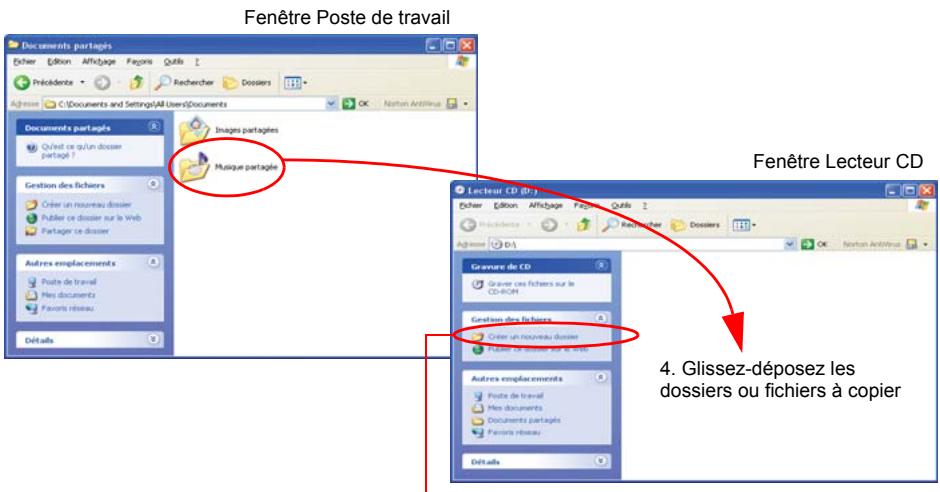 Fenêtre Poste de travail Fenêtre Lecteur CD 4. Glissez-déposez les dossiers ou fichiers à copier