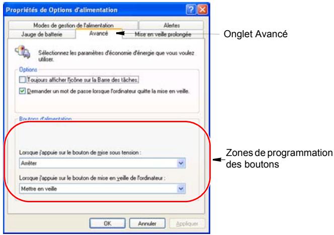 Propriétés de Options d'alimentation Modes de gestion de l'alimentation Jauge de batterie Avancé Mise en veille prolongée Options Toujours afficher l'écoute sur la Bare des tâches Demander un mot de passe lorsque l'ordinateur quite la mise en veille. Options d'alimentation Lorsque l'appuie sur le bouton de mise sous tension : Amiter Lorsque l'appuie sur le bouton de mise en veille de l'ordinateur : Mettre en veille Onglet Avancé Zones de programmation des boutons OK Annuler Appliquer