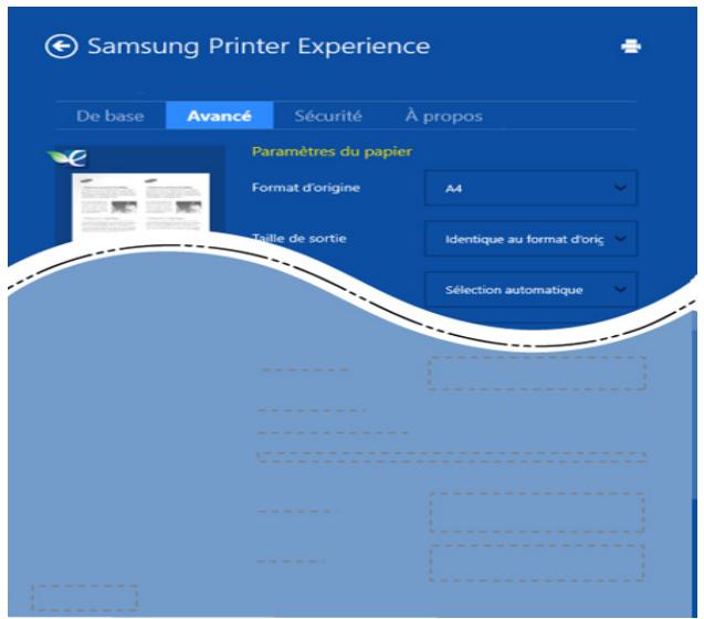 Samsung Printer Experience De base Avancé Sécurité À propos Paramètres du papier Format d'origine A4 Taille de sortie Identique au format d'orig Sélection automatique