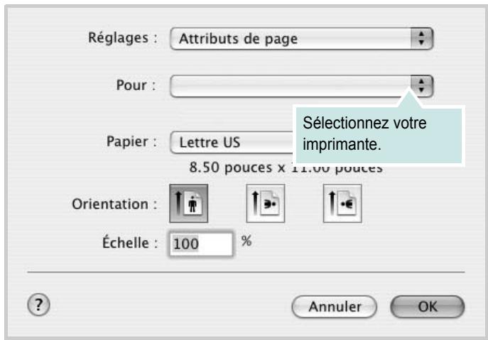 Réglages : Attributs de page Pour : Papier : Lettre US 8.50 pouces x 11.00 pouces Sélectionnez votre imprimante. Orientation : Échelle : 100 % Annuler OK