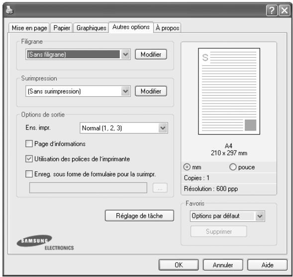 Mise en page Papier Graphiques Autres options À propos Filigrane (Sans filigrane) Modifier Surimpression (Sans surimpression) Modifier Options de sortie Ens. impr. Normal (1, 2, 3) Page d'informations Utilisation des polices de l'imprimante Enreg. sous forme de formulaire pour la surimpr. ... A4 210 x 297 mm ○ mm ○ pouce Copies : 1 Résolution : 600 ppp Favoris Options par défaut Supprimer Réglage de tâche SAMSUNG ELECTRONICS OK Annuler Aide
