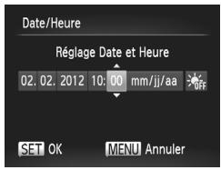 Date/Heure Réglage Date et Heure 02.02.2012 10:00 mm/jj/aa OFF SET OK MENU Annuler