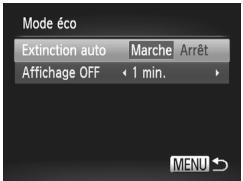 Mode éco Extinction auto Marche Arrêt Affichage OFF 1 min. MENU