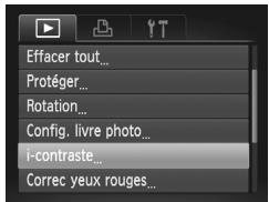 Effacer tout... Protéger... Rotation... Config. livre photo... i-contraste... Correc yeux rouges...