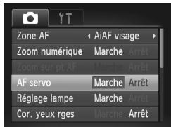 Zone AF Zoom numérique Zoom sur pt AF AF servo Réglage lampe Cor, yeux rges AiAF visage Marche Arrêt Marche Arrêt Marche Arrêt Marche Arrêt