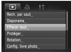 Rech. par saut... Diaporama... Effacer tout... Protéger... Rotation... Config. livre photo...