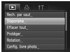 Rech. par saut... Diaporama... Effacer tout... Protéger... Rotation... Config. livre photo...