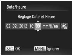 Date/Heure Réglage Date et Heure 02. 02. 2012 10:00 mm/jj/aa OFF SET OK MENU Ignorer