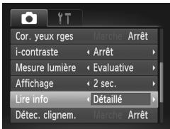 Cor. yeux rges i-contraste Mesure lumière Affichage Lire info Détec. clignem. Marche Arrêt Arrêt Evaluative 2 sec. Détaillé Marche Arrêt