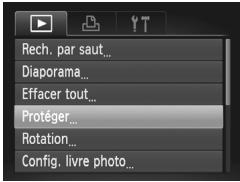 Rech. par saut... Diaporama... Effacer tout... Protéger... Rotation... Config. livre photo...