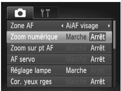 Zone AF Zoom numérique Zoom sur pt AF AF servo Réglage lampe Cor. yeux rges AiAF visage Marche Arrêt Marche Arrêt Marche Arrêt Marche Arrêt Marche Arrêt